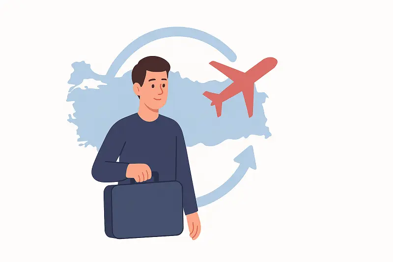 Geri Gönderme Merkezinden Nasıl Çıkılır sürecinde kişinin kendi rızasıyla ülkesine dönme talebini gösteren görsel; valizli kişi, Türkiye haritası ve uçağı simgeleyen dönüş süreci.