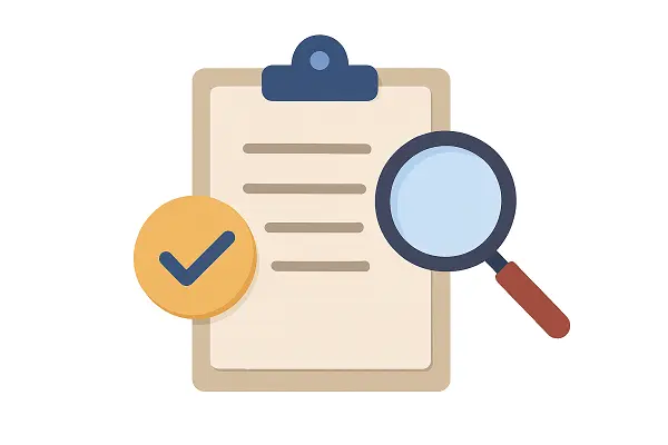 Illustration of a checklist with a magnifying glass and checkmark symbolizing the process of following up on the application and maintaining compliance for a Humanitarian Residence Permit in Turkey.