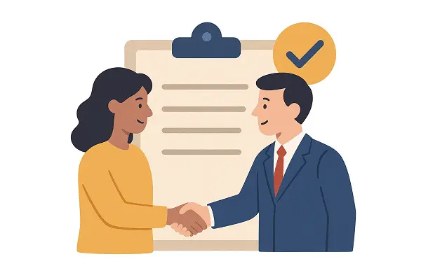 Illustration representing a satisfied client and lawyer, symbolizing a real success story where legal guidance positively impacted the outcome of a Humanitarian Residence Permit in Turkey case.