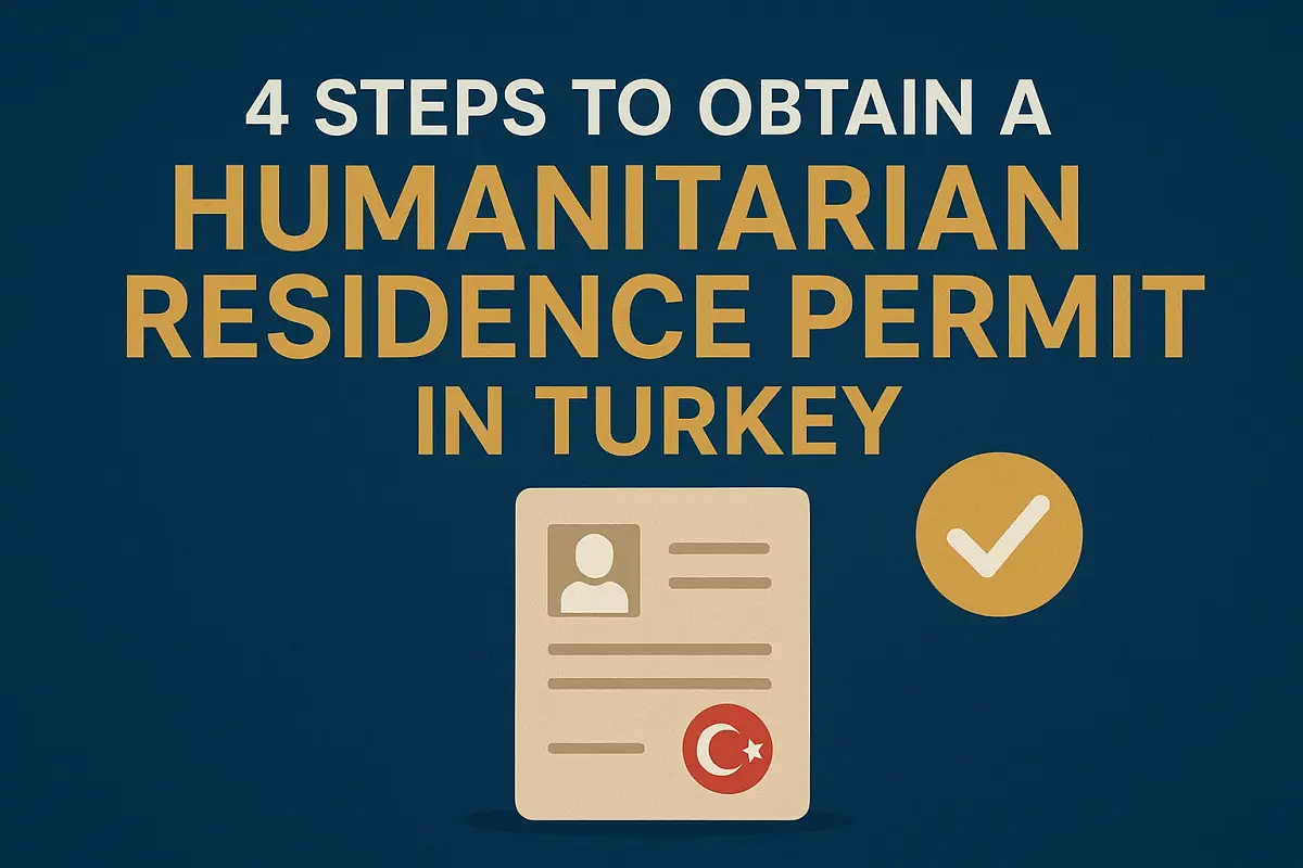 Illustration representing the process of obtaining a Humanitarian Residence Permit in Turkey, showing a Turkish residence card with a national emblem and a checkmark symbol.