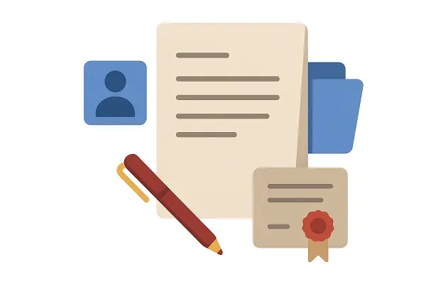 Illustration showing documents, ID photo, and a pen symbolizing the preparation of the petition and supporting materials for a Humanitarian Residence Permit in Turkey.