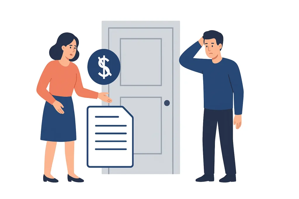 2026’da Kirasını Ödemeyen Kiracı Nasıl Çıkarılır sürecinde ev sahibi ile kira borcunu ödemeyen kiracıyı, kapıda yapılan konuşmayı ve tahliye masrafları ile sürecin ortalama süresini temsil eden illüstrasyon.