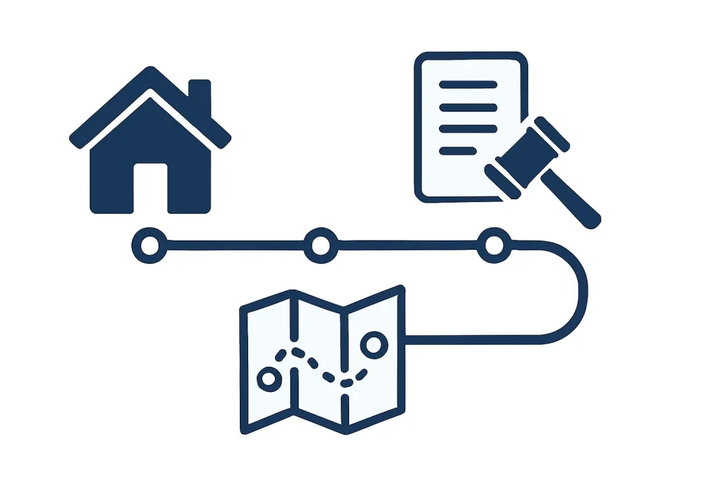 Kirasını Ödemeyen Kiracı Nasıl Çıkarılır sürecini gösteren ev, hukuki belge ve yol haritası ikonlarından oluşan kronolojik tahliye süreci görseli.