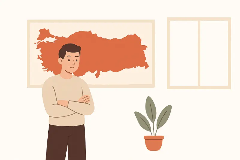 Türkiye haritası önünde duran bir kişinin illüstrasyonu. Türkiye’de 5 yıl kesintisiz ikamet ederek Türk vatandaşlığına başvuru hakkını anlatan Türk Vatandaşlığı Nasıl Alınır makalesinin ilgili görseli.