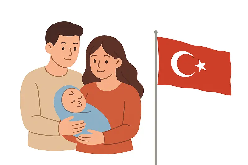 Bir anne ve babanın kucağında bebekle birlikte Türk bayrağı önünde yer aldığı, doğumla Türk vatandaşlığı kazanımını temsil eden illüstrasyon. Türk Vatandaşlığı Nasıl Alınır makalesinin doğum yoluyla vatandaşlık bölümüne ait görsel.