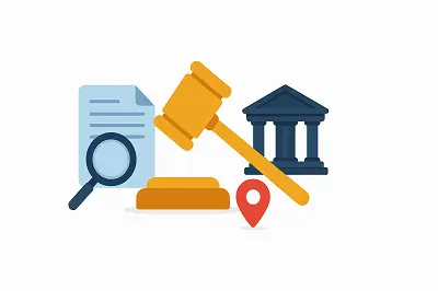 Türkiye'ye giriş yasağı nasıl kaldırılır sürecinde yetkili makamı belirleme — büyüteç, hukuk belgeleri, mahkeme binası ve konum simgesi içeren görsel.