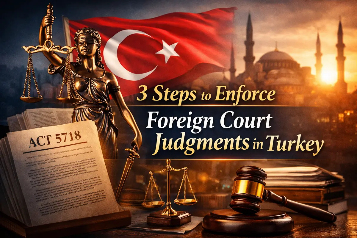 Lady Justice statue with the Turkish flag, gavel, and legal documents symbolizing the enforcement of foreign court decisions – Enforce Foreign Court Judgments in Turkey