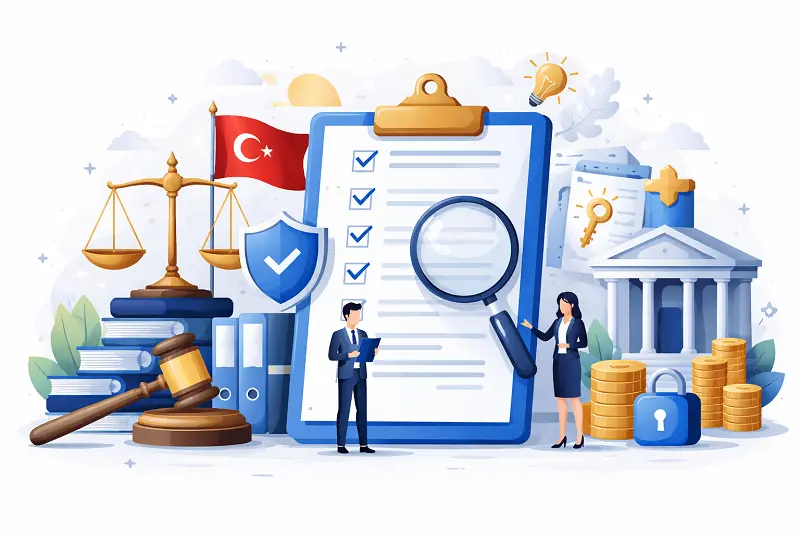 Legal Due Diligence in Turkey concept image highlighting key legal areas such as corporate law, contracts, compliance, and regulatory review during the due diligence process