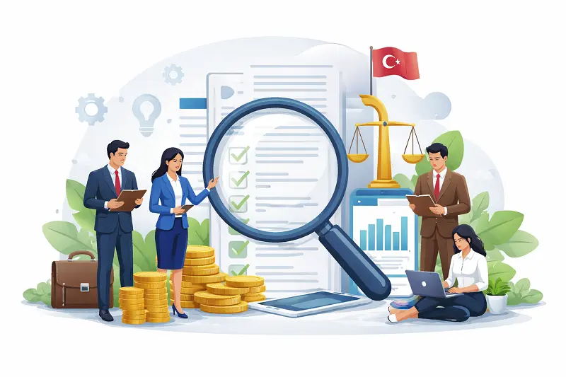 Legal Due Diligence in Turkey visual showing foreign investors, company executives, and legal professionals reviewing documents to assess investment risks
