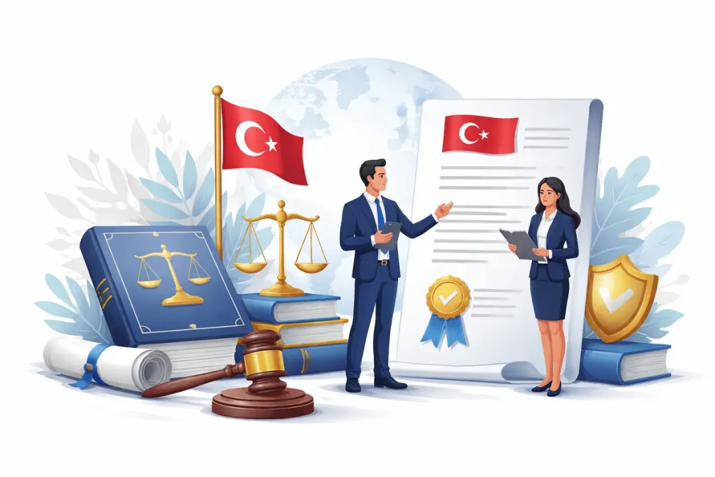 Lawyer reviewing foreign court judgment documents with legal scales and Turkish flag, highlighting why professional legal assistance is crucial for Recognition of Foreign Court Judgments in Turkey.