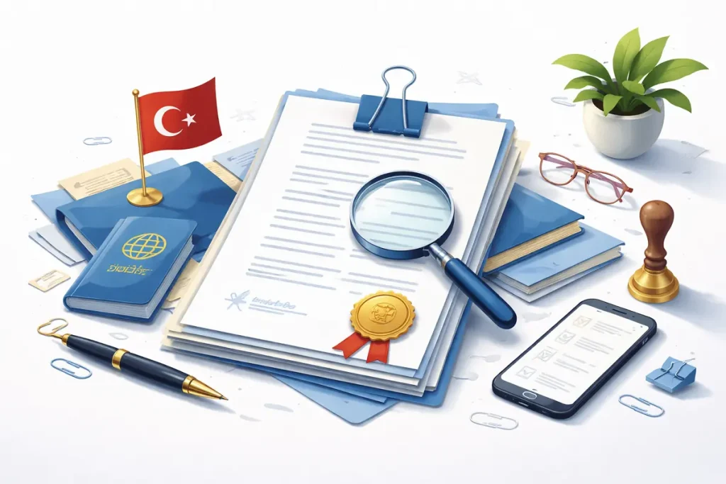 Legal documents, passport, magnifying glass, and official seal illustrating document preparation for Recognition of Foreign Court Judgments in Turkey and the required paperwork process.