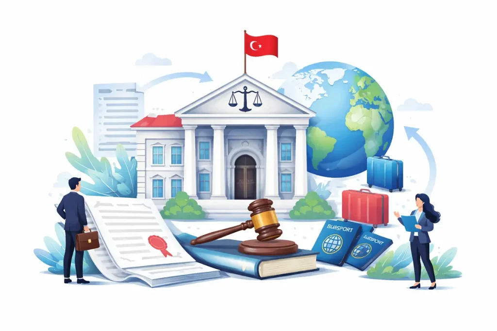Court building with scales of justice, international passports, and global symbols explaining what Recognition of Foreign Court Judgments in Turkey means for foreign nationals.