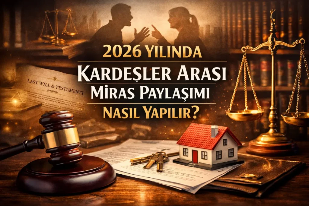 2026 yılında Kardeşler Arası Miras Paylaşımı sürecini anlatan görsel; hâkim tokmağı, adalet terazisi ve miras kalan ev maketi yer alıyor.
