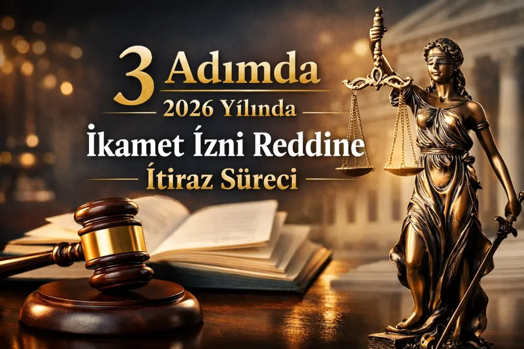 2026 yılında ikamet izni reddine itiraz sürecini temsil eden adalet terazisi, hakim tokmağı ve hukuk kitapları görseli