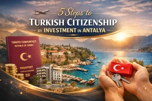 Illustration showing property, Turkish passport and coastline for Turkish Citizenship by Investment in Antalya process
