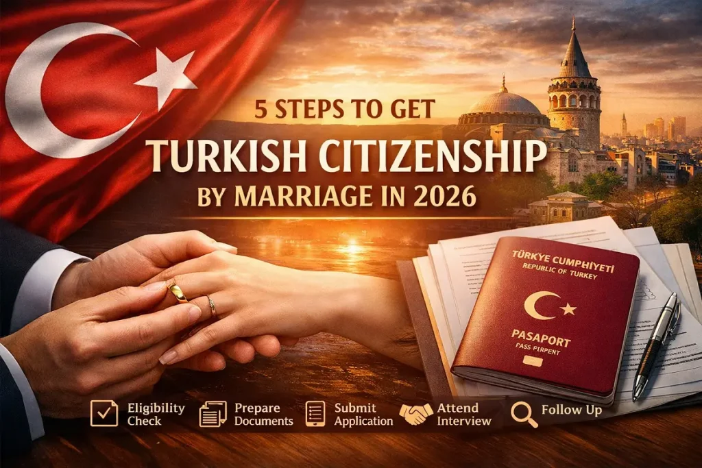 Turkish Citizenship by Marriage process in 2026 illustrated with Turkish flag, married couple hands with rings, Istanbul skyline, and Turkish passport representing legal steps to citizenship