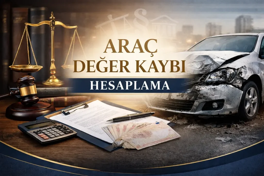 Araç Değer Kaybı Hesaplama sürecini anlatan görsel; hasarlı otomobil, adalet terazisi, mahkeme tokmağı ve evraklar ile araç değer kaybının hukuki ve mali boyutunu gösteriyor.