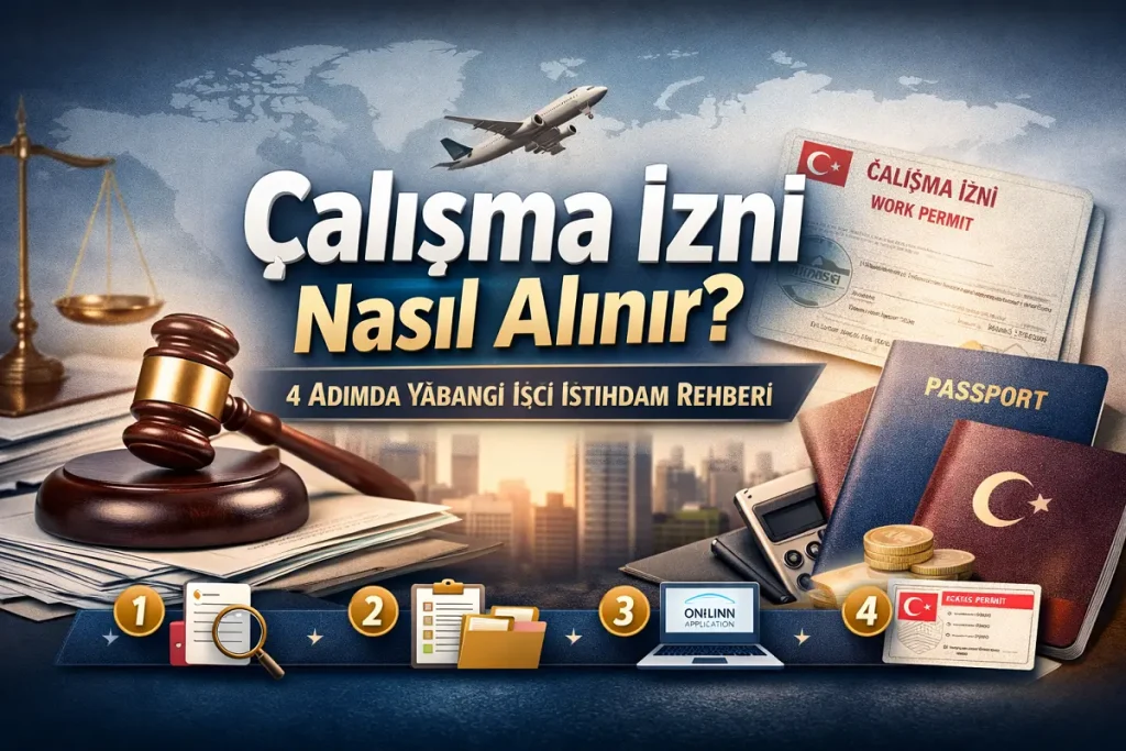 Çalışma İzni Nasıl Alınır sorusuna yanıt veren, yabancı işçi istihdam sürecini 4 adımda anlatan, Türkiye’de çalışma izni başvuru sürecini simgeleyen görsel