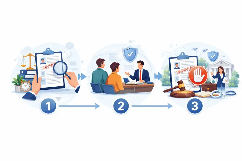 Deport Kararı Nasıl Durdurulur sorusuna 3 adımda özet yol haritası sunan, itiraz, dava ve yürütmenin durdurulması aşamalarını bütüncül olarak gösteren bilgilendirici hukuki süreç görseli.