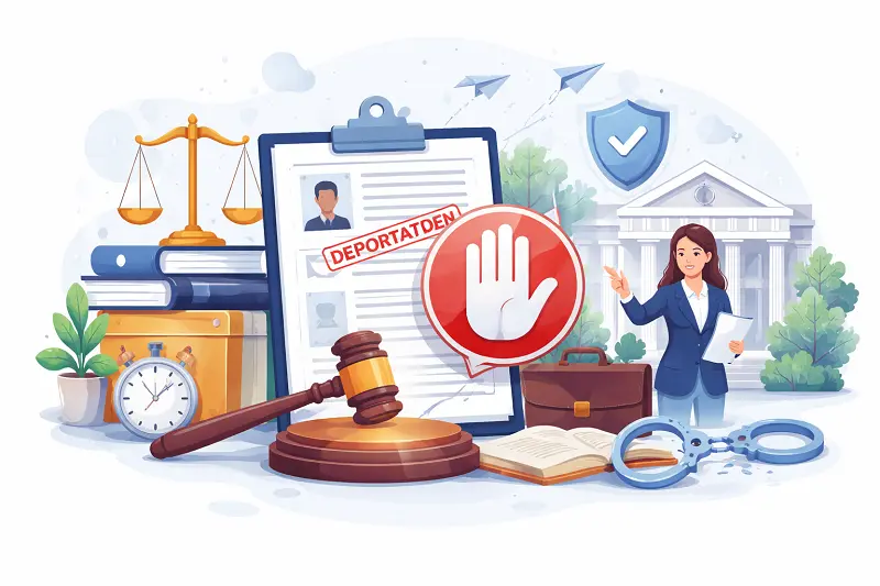 Deport Kararı Nasıl Durdurulur sürecinin üçüncü adımını anlatan, idare mahkemesinde yürütmenin durdurulması talebinin yapıldığını, mahkeme evrakları, avukat ve hukuki koruma simgeleriyle gösteren görsel.