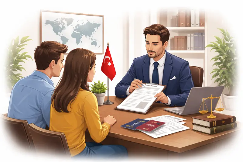 İkamet izni reddine itiraz sürecinde yabancı uyruklu kişilerin bir avukattan hukuki danışmanlık aldığı görüşme sahnesi