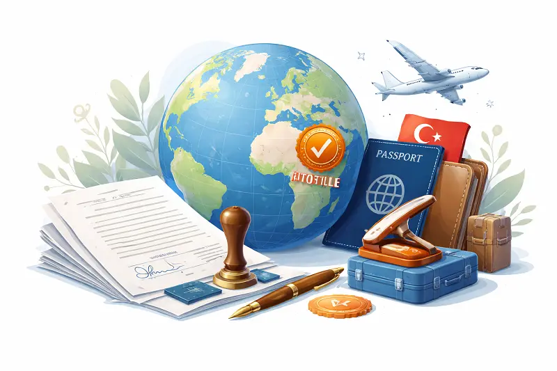 Issue a Power of Attorney Abroad for Use in Turkey through apostille countries, illustrated with apostilled legal documents, passports, international travel elements, and global legalization symbols.