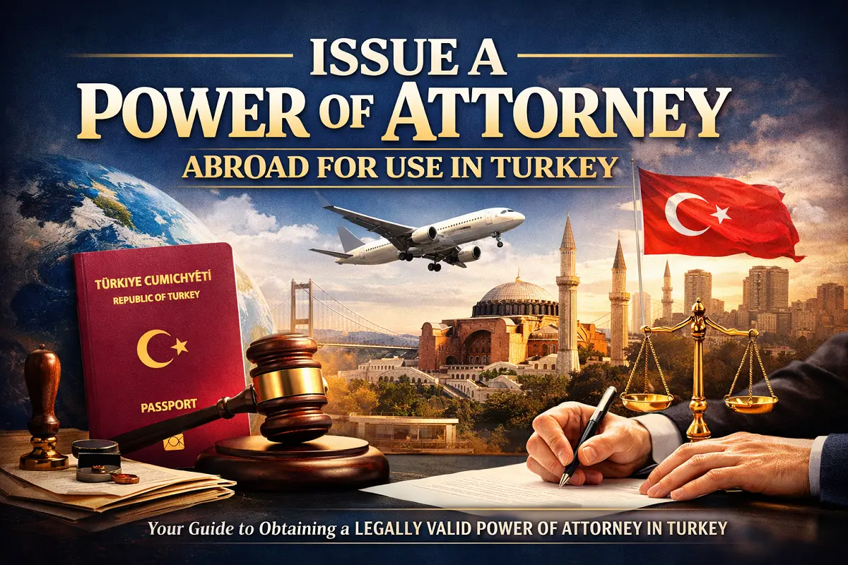 Issue a Power of Attorney Abroad for Use in Turkey, showing a Turkish passport, legal documents, a judge’s gavel, and an attorney signing official paperwork with Istanbul landmarks in the background.