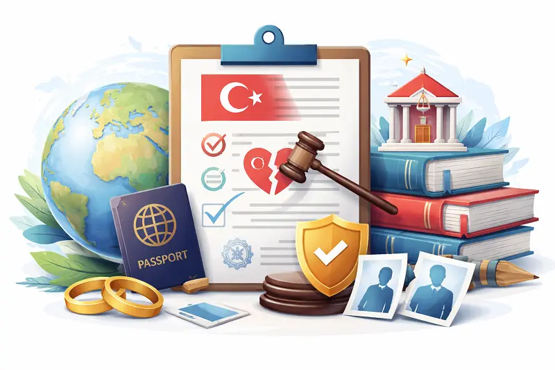 clipboard checklist with Turkish flag, court building, legal books, passport, wedding rings, and globe highlighting conditions for recognizing a foreign divorce in Turkey.