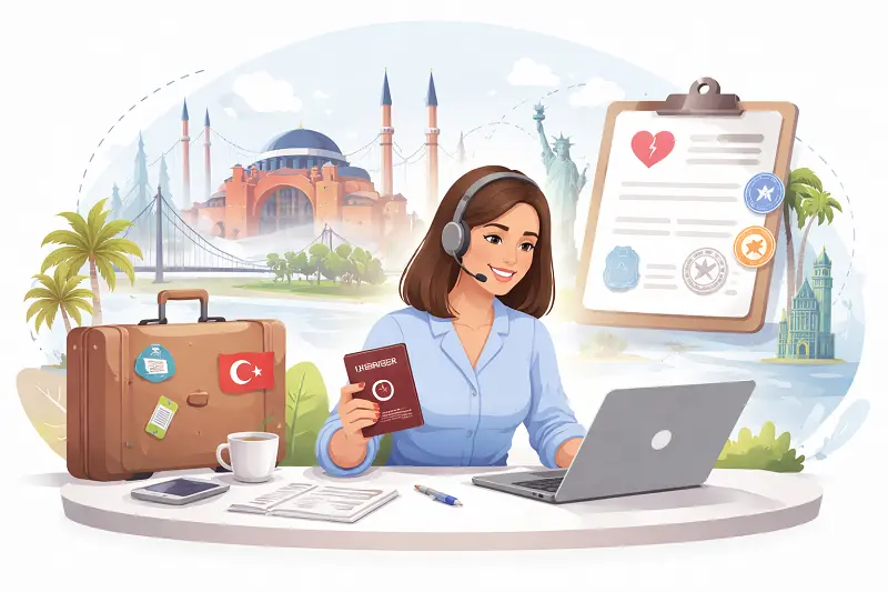 remote registration concept showing a laptop with court documents, airplane, Turkish flag, embassy building, and gavel illustrating whether you must be in Turkey to register a foreign divorce.