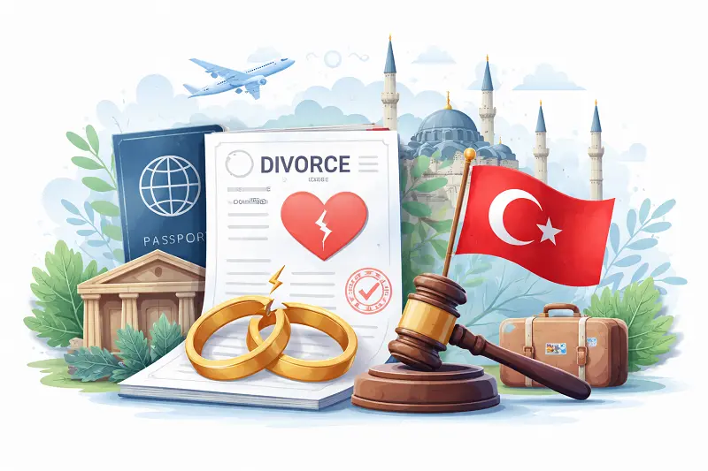 Recognize Foreign Divorce in Turkey, illustration of a foreign divorce with passport, divorce certificate, broken heart icon, Turkish flag, airplane, and legal gavel explaining validity of divorces obtained abroad.
