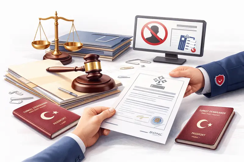 Remove Pre-Entry Permit Requirement to Turkey by enforcing a court decision, illustrating judicial approval, execution of judgment, and restoration of legal entry rights for foreigners