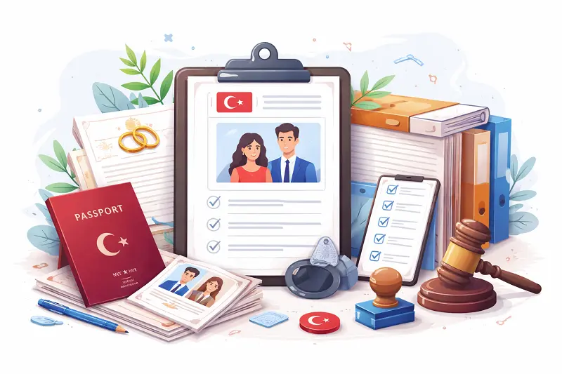 Preparing official documents for Turkish Citizenship by Marriage, including marriage records, passport, application forms, and legal paperwork for citizenship application in Turkey