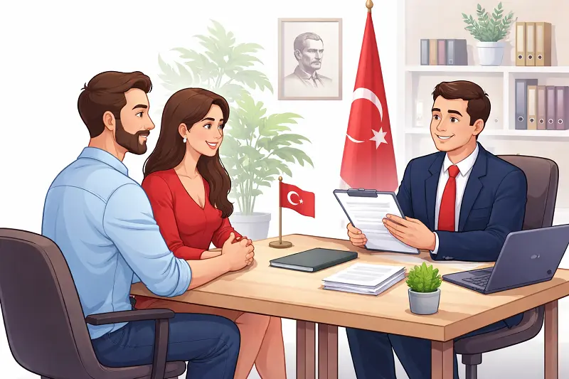 Citizenship interview for Turkish Citizenship by Marriage showing married couple attending marriage interview with Turkish immigration officer during citizenship application process