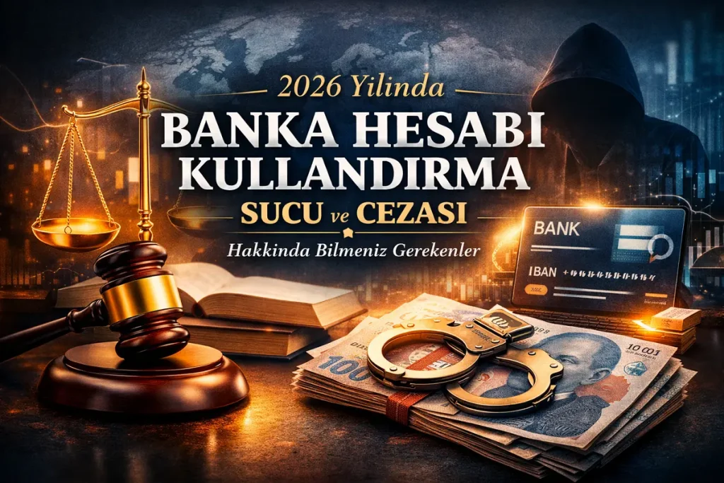 2026 yılında Banka Hesabı Kullandırma suçu ve cezasını temsil eden görsel; adalet terazisi, hakim tokmağı, kelepçe, Türk Lirası banknotları ve IBAN ekranı ile finansal suç ve dolandırıcılık riskini simgeler.
