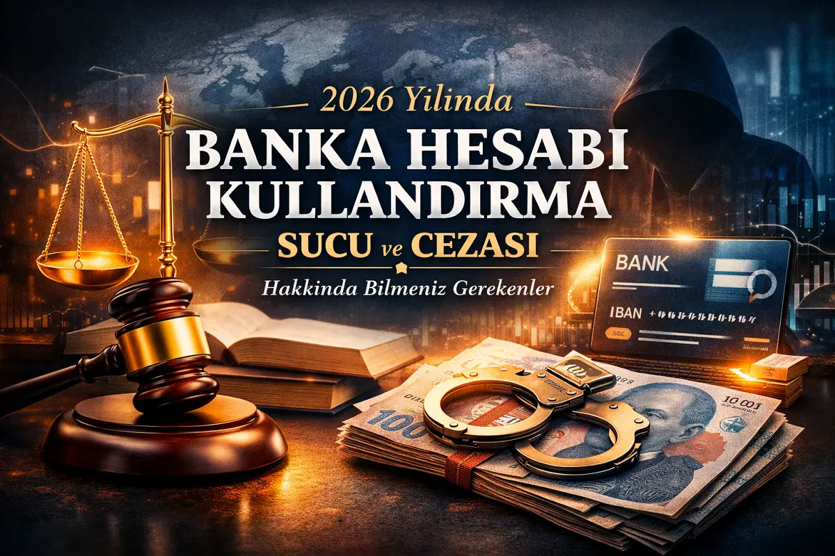 2026 yılında Banka Hesabı Kullandırma suçu ve cezasını temsil eden görsel; adalet terazisi, hakim tokmağı, kelepçe, Türk Lirası banknotları ve IBAN ekranı ile finansal suç ve dolandırıcılık riskini simgeler.