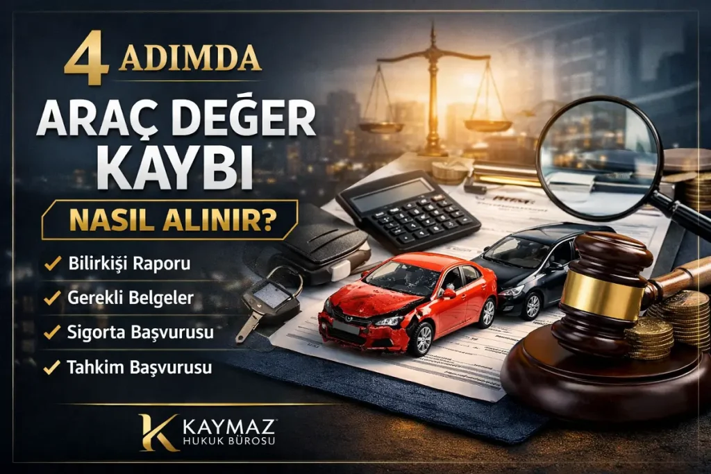 4 Adımda Araç Değer Kaybı Nasıl Alınır sürecini anlatan görsel; hasarlı araç, mahkeme tokmağı, hesap makinesi ve sigorta belgeleri ile araç değer kaybı başvuru aşamalarını gösteren illüstrasyon