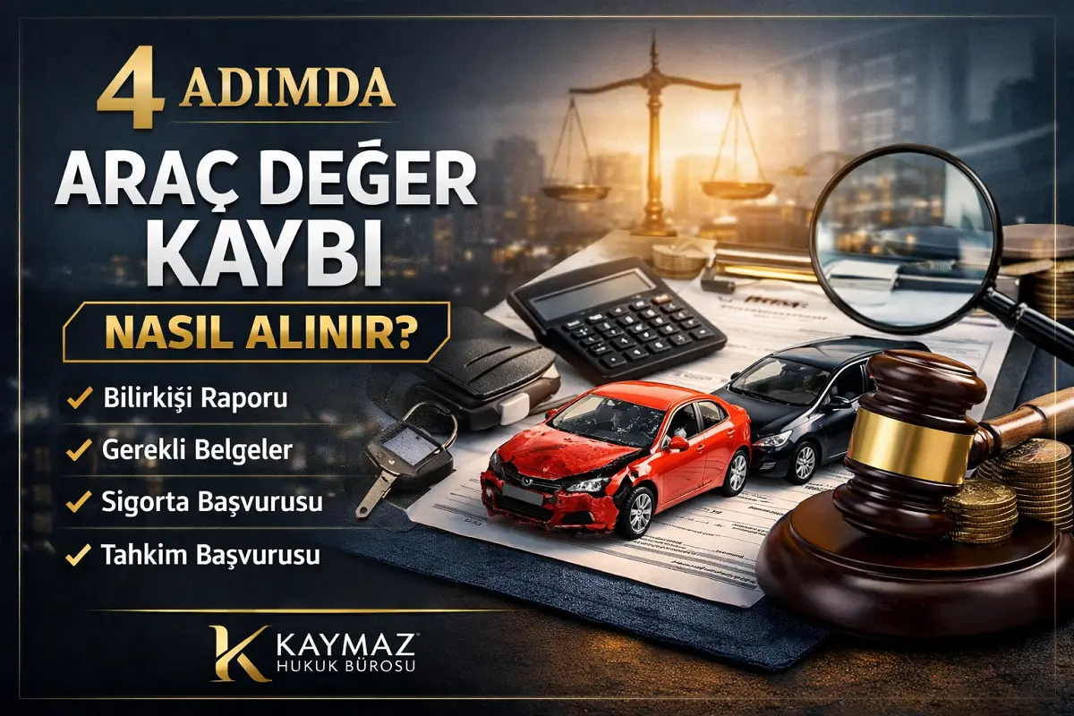 4 Adımda Araç Değer Kaybı Nasıl Alınır sürecini anlatan görsel; hasarlı araç, mahkeme tokmağı, hesap makinesi ve sigorta belgeleri ile araç değer kaybı başvuru aşamalarını gösteren illüstrasyon