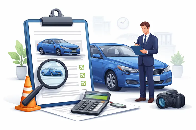 Araç Değer Kaybı Nasıl Alınır sorusunda ilk adım olan bilirkişi raporu alınmasını gösteren görsel; ekspertiz kontrolü yapılan araç, kontrol listesi ve hesaplama ekipmanları