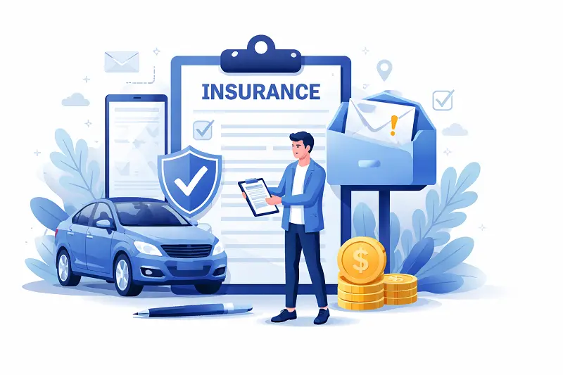 Araç Değer Kaybı Nasıl Alınır sürecinde sigortaya başvuru aşamasını gösteren görsel; sigorta başvuru formu, araç ve tazminat talebini simgeleyen para ikonları