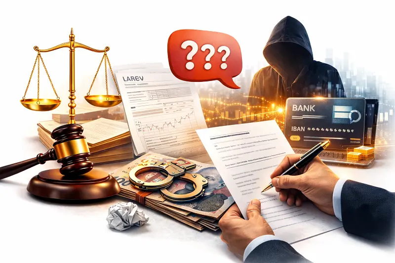 Banka Hesabı Kullandırma davalarında en sık yapılan savunma hatalarını temsil eden görsel; adalet terazisi, mahkeme dosyaları ve banka hesap hareketleri ile eksik veya yanlış savunmanın hukuki risklerini simgeler.
