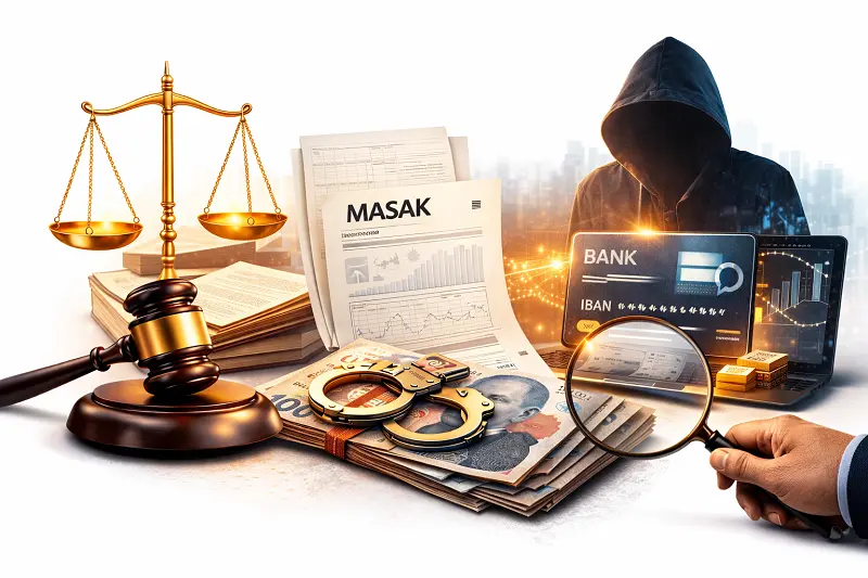 Banka Hesabı Kullandırma suçu soruşturma sürecini gösteren görsel; MASAK raporları, banka hareketleri, IBAN incelemesi ve büyüteç ile savcılık ve kolluk tarafından yürütülen finansal incelemeyi temsil eder.