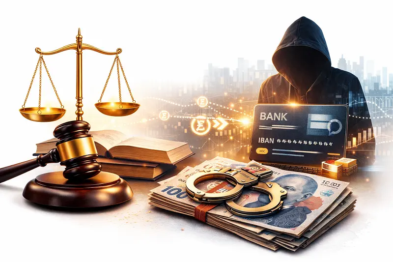 Banka Hesabı Kullandırma suçu hangi durumlarda oluşur sorusunu anlatan görsel; adalet terazisi, banka kartı ve IBAN bilgileri ile başkasına hesap kullandırmanın hukuki sorumluluğunu simgeler.