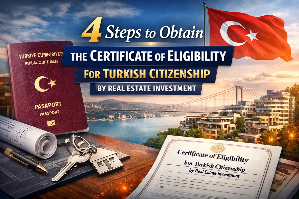 4 steps to obtain the Certificate of Eligibility for Turkish Citizenship by Real Estate Investment showing Turkish passport, real estate documents, property keys and Bosphorus view representing citizenship by property investment in Turkey