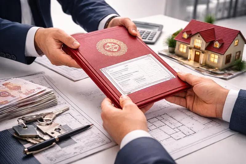 Completing the title deed transfer at the Land Registry for the Certificate of Eligibility for Turkish Citizenship by Real Estate Investment, showing official Turkish title deed document, buyer and legal representative during property acquisition process