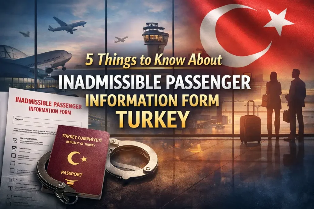 Inadmissible Passenger Information Form Turkey concept image showing an airport control tower, airplanes, Turkish flag, and a passport with handcuffs.