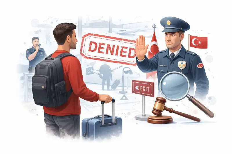 Inadmissible Passenger Information Form Turkey illustration showing a traveler stopped by Turkish border police with a denied entry stamp at the airport.