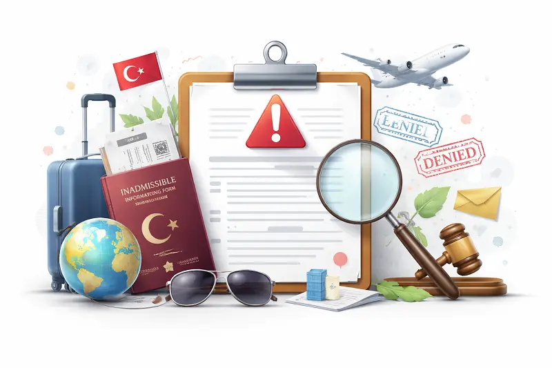 Inadmissible Passenger Information Form Turkey illustration with a document on a clipboard, warning icon, magnifying glass, and denied entry stamp.