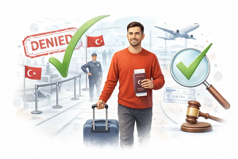 Inadmissible Passenger Information Form Turkey illustration about re-entry after denied entry, showing travel documents, passport control, and approval concept.
