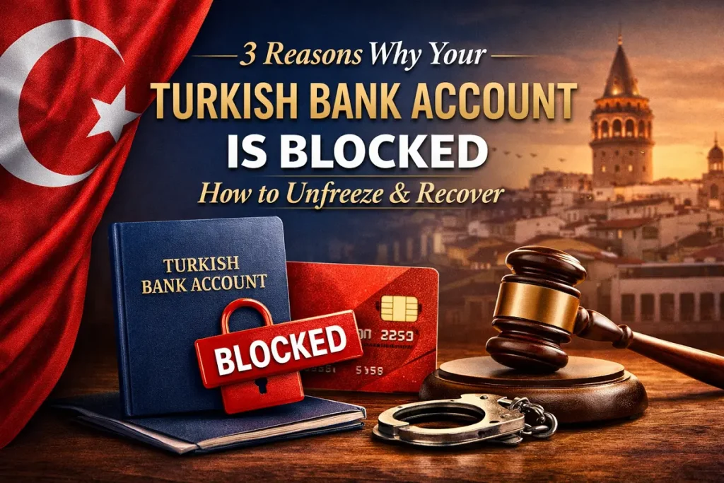 Illustration showing Turkish Bank Account Is Blocked concept with Turkish flag, bank card, lock, and judge gavel representing legal solutions to unfreeze and recover blocked bank accounts in Turkey.