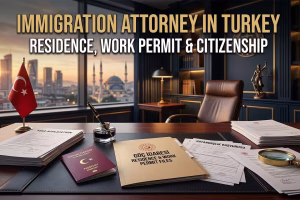Immigration attorney in Turkey legal concept with passport, residence permit file, visa documents and law office desk